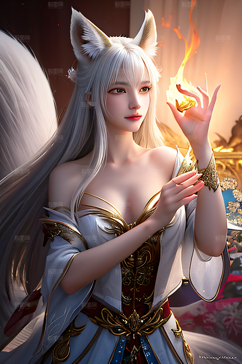 超凡融合白九尾狐肖像的艺术精湛