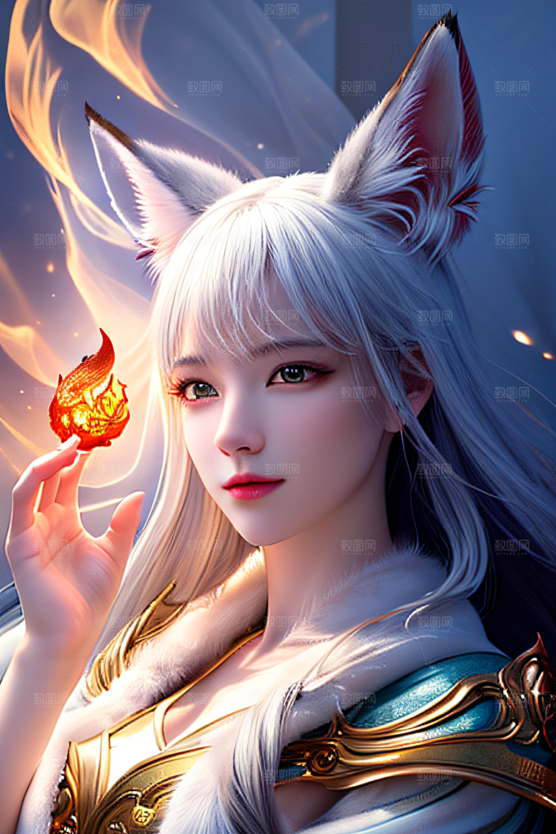 灯光璀璨白九尾狐肖像的视觉魔力