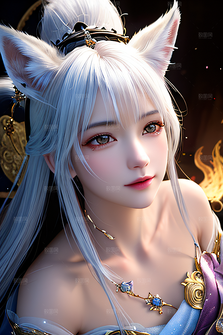 灯光璀璨白九尾狐肖像的视觉魔力
