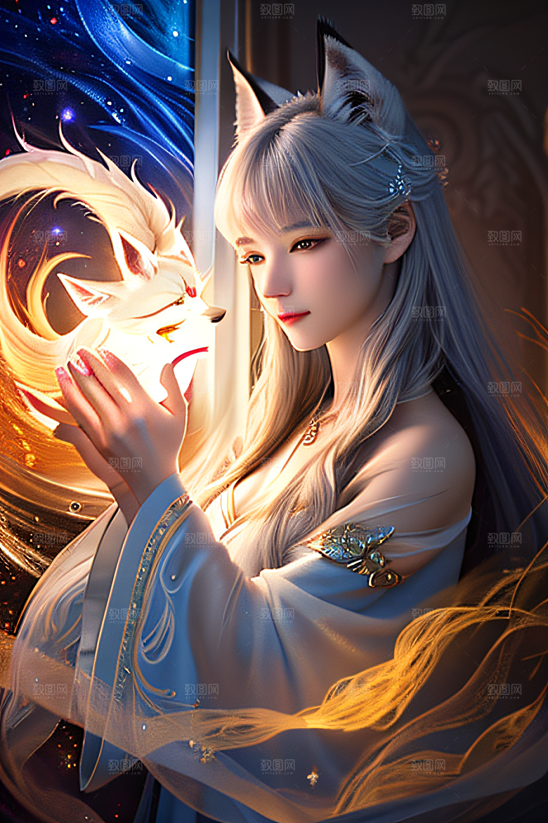 超凡之美白色九尾狐肖像的惊人细腻