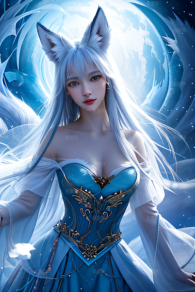 惊艳肖像白色九尾狐的迷人美丽