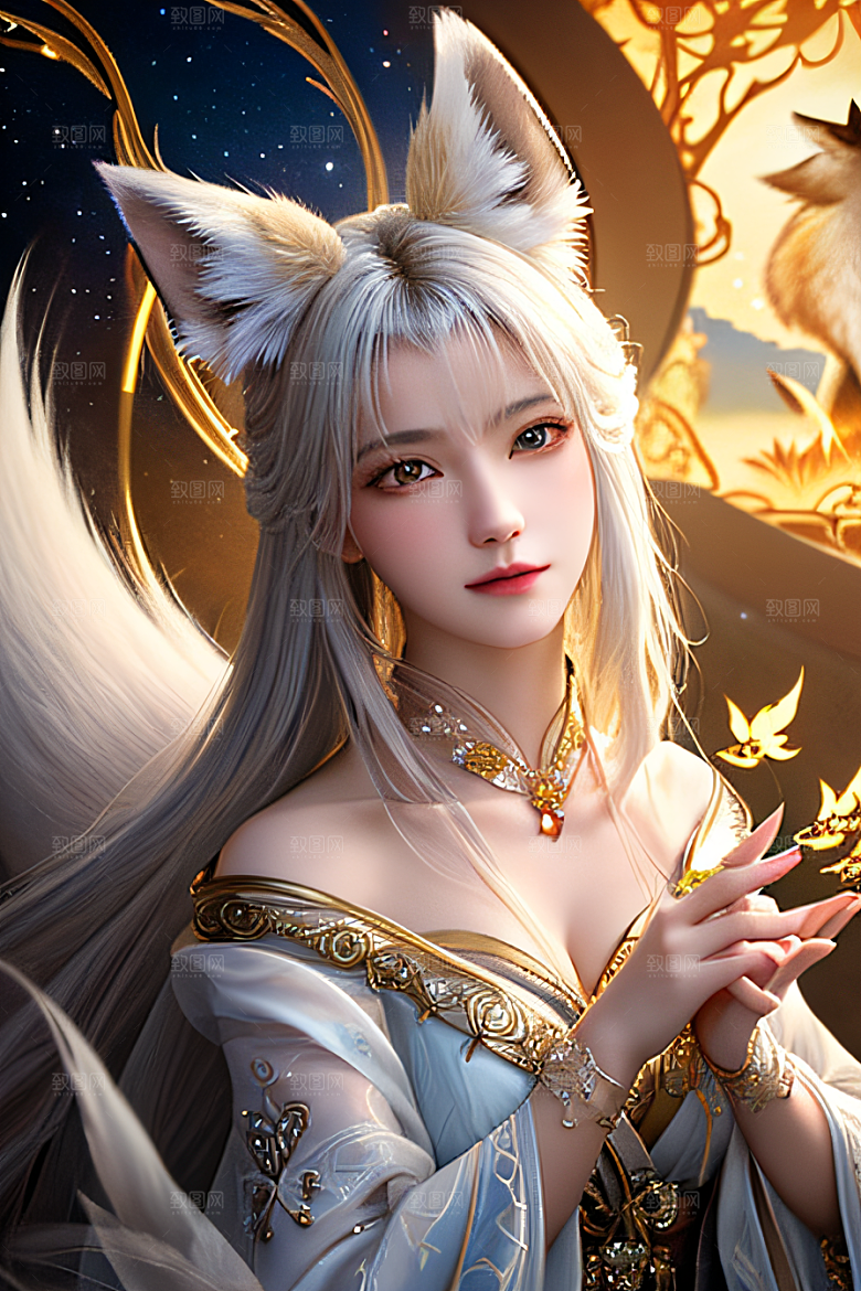 神秘与诱惑白九尾狐肖像的魅力展现