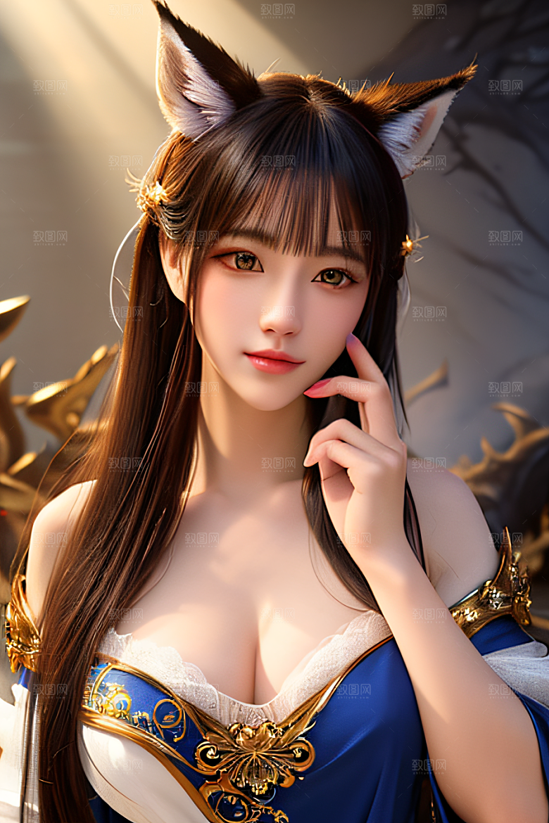 华丽之美白色九尾狐肖像的精美描绘