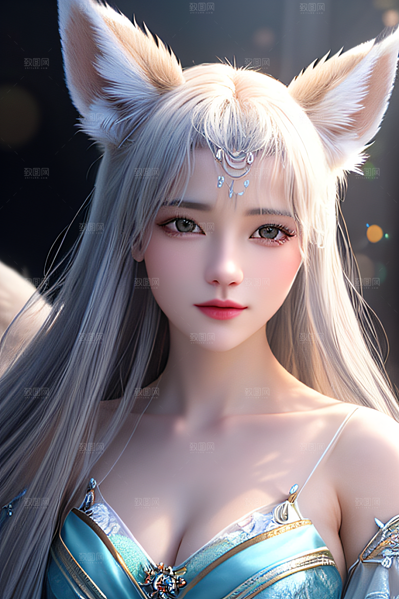 华丽之美白色九尾狐肖像的精美描绘