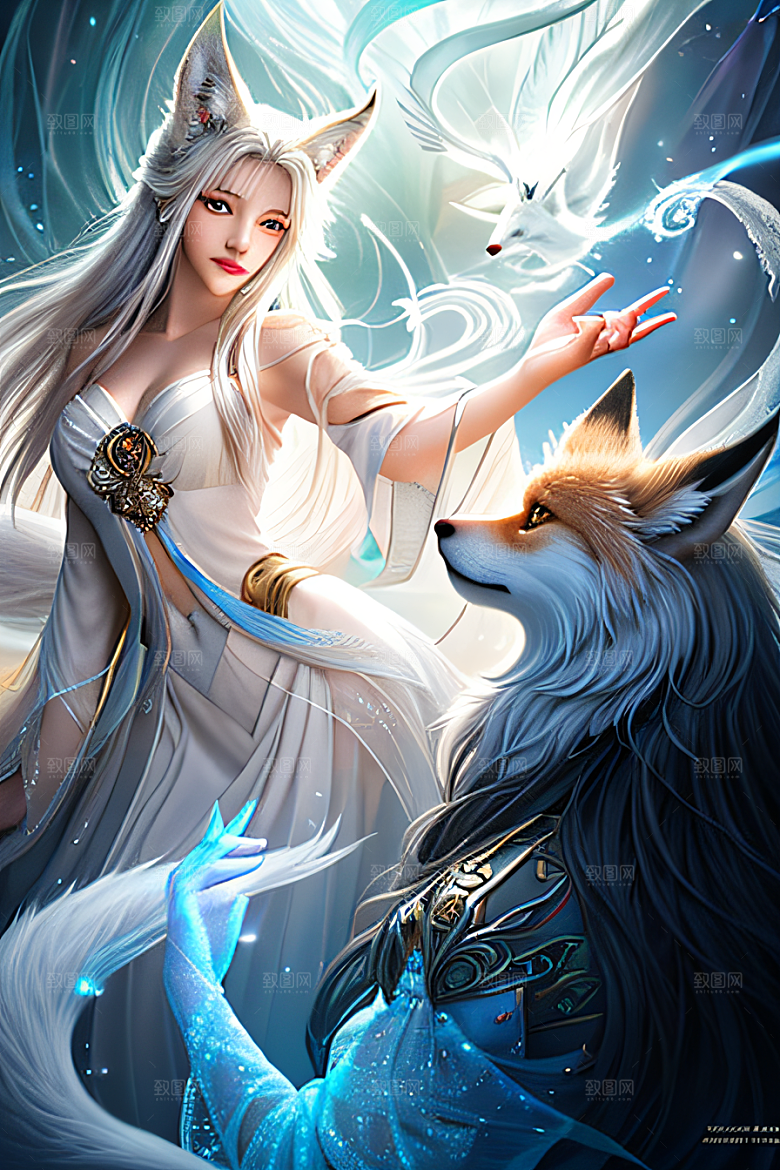 华丽之美白色九尾狐肖像的精美描绘