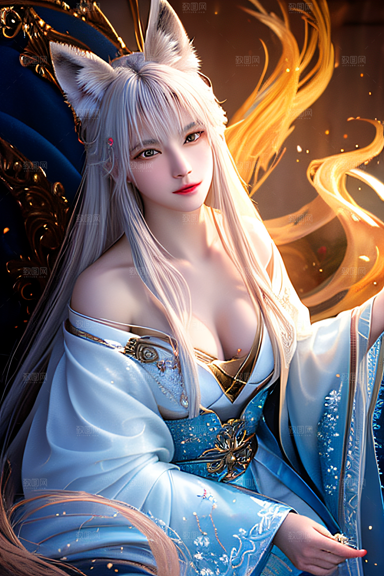 灯光璀璨白九尾狐肖像的视觉魔力