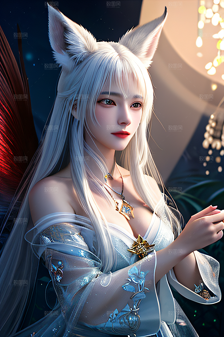 超凡之美白色九尾狐肖像的惊人细腻