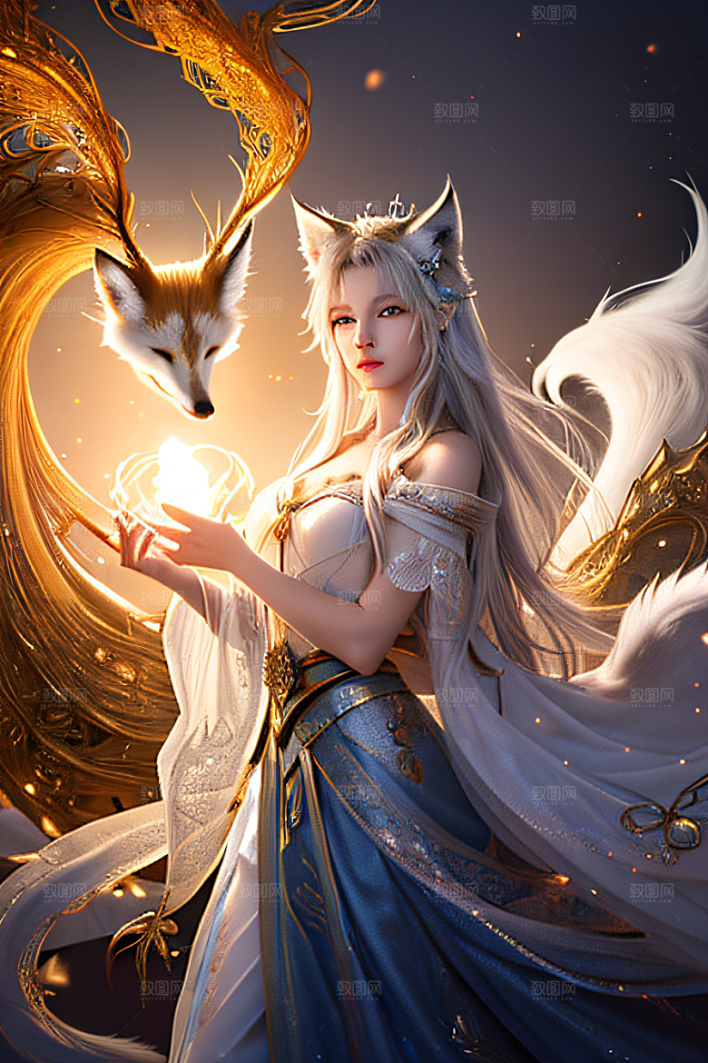 艺术的奇迹白九尾狐的生动再现
