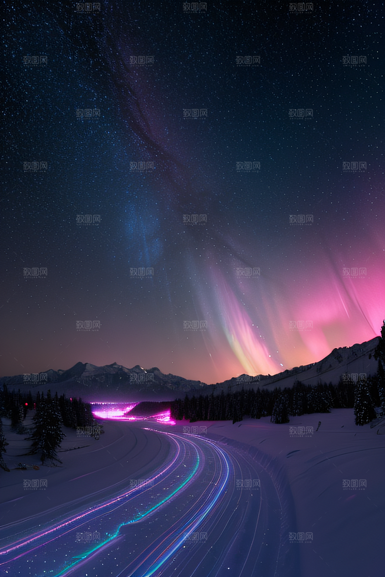 粉色极光在白雪中闪耀