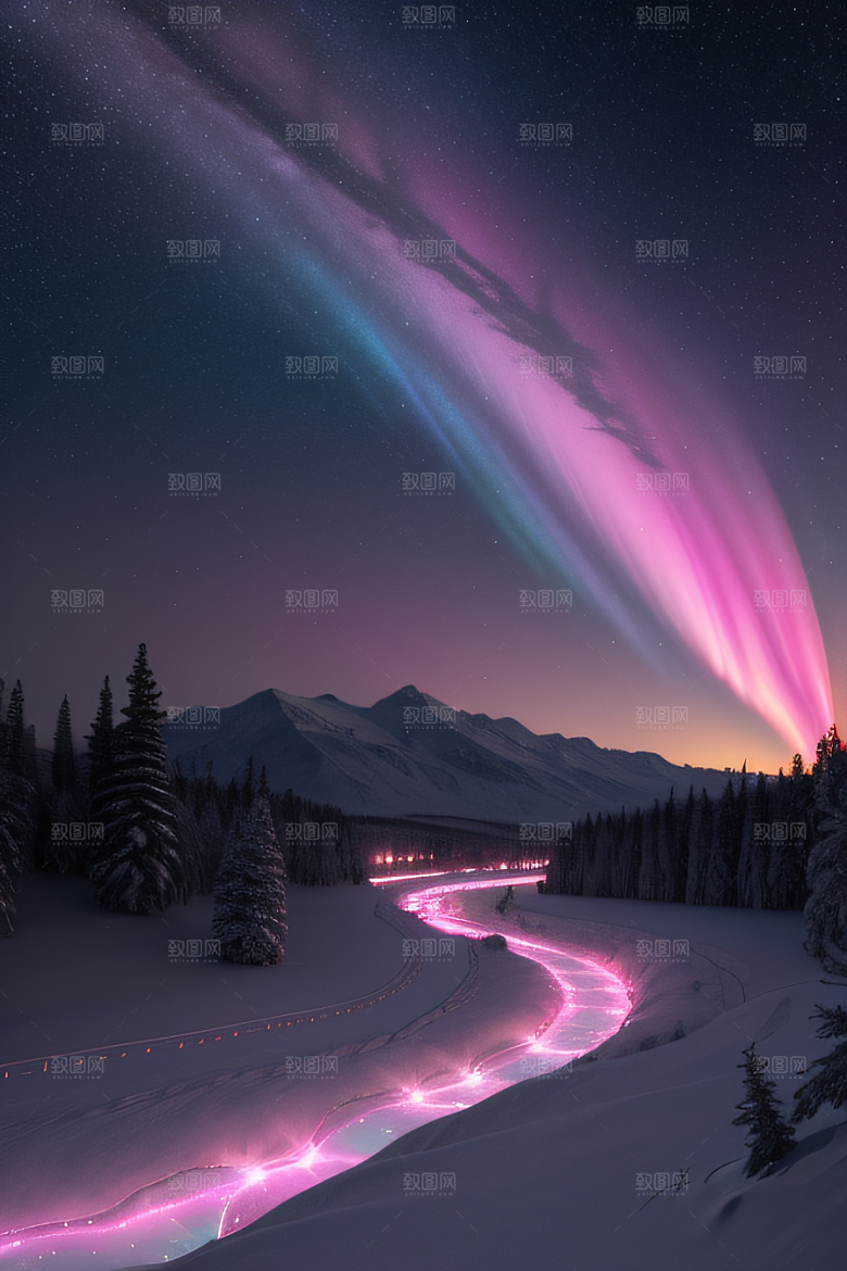 粉色极光在白雪中闪耀