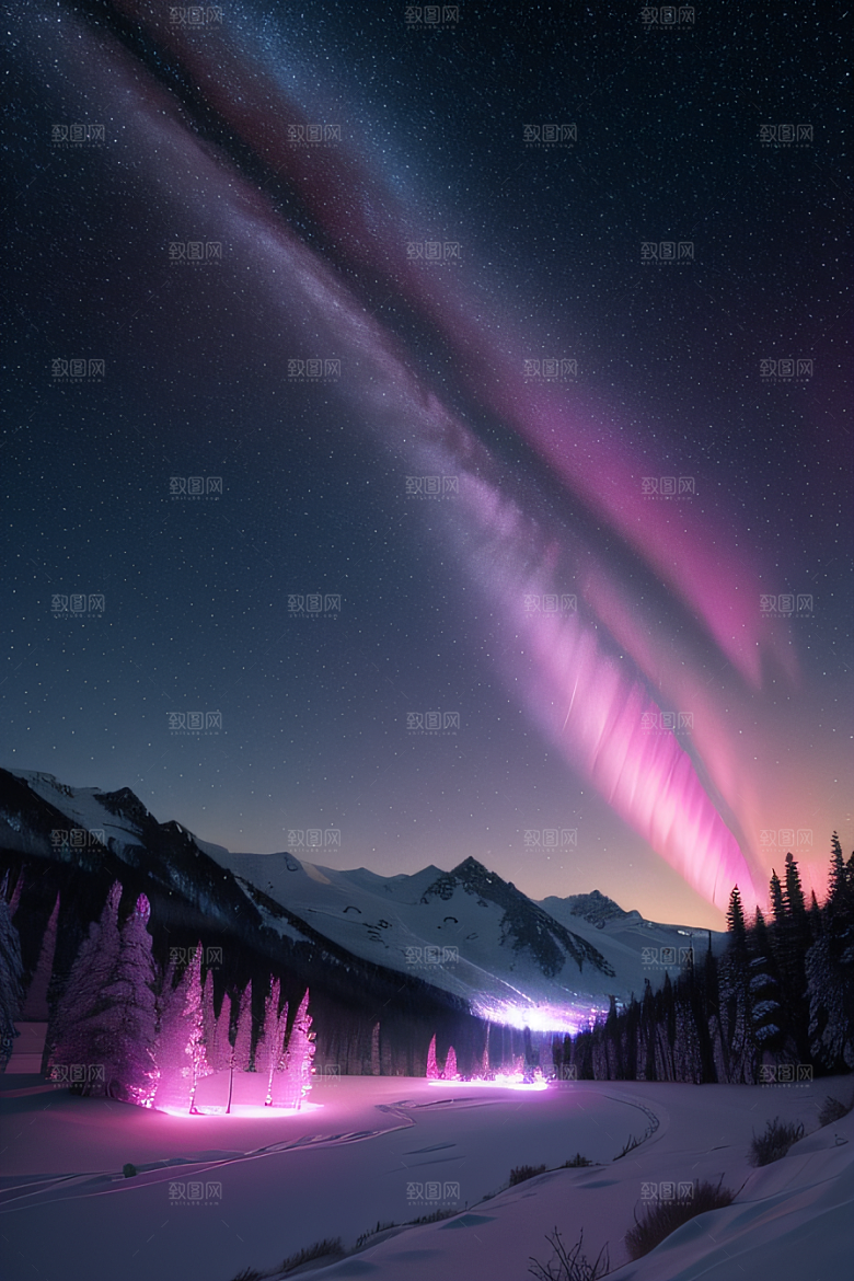 粉色极光在白雪中闪耀