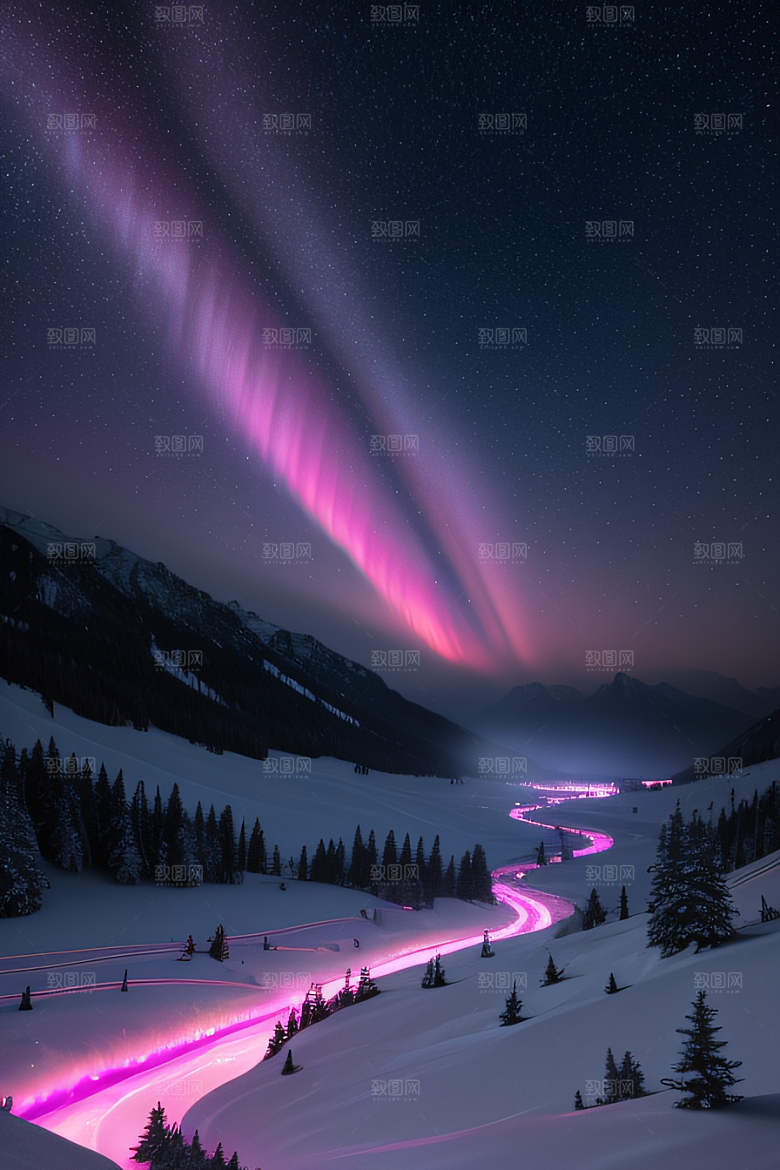 粉色极光在白雪中闪耀