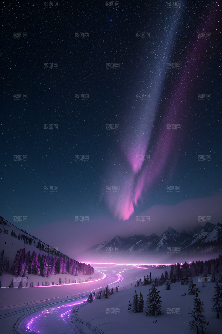 白雪飘扬中的奇幻极光