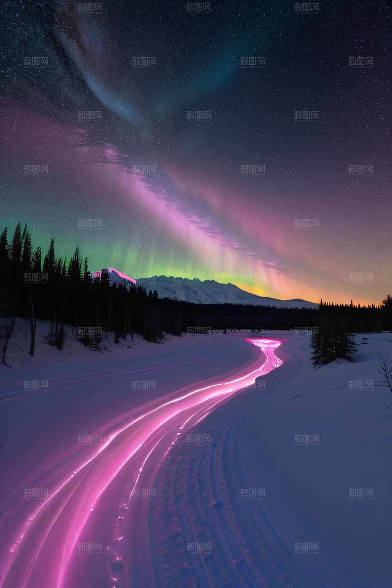 白雪飘扬中的奇幻极光