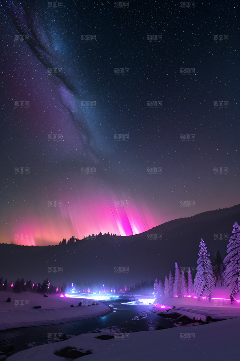 白雪飘扬中的奇幻极光
