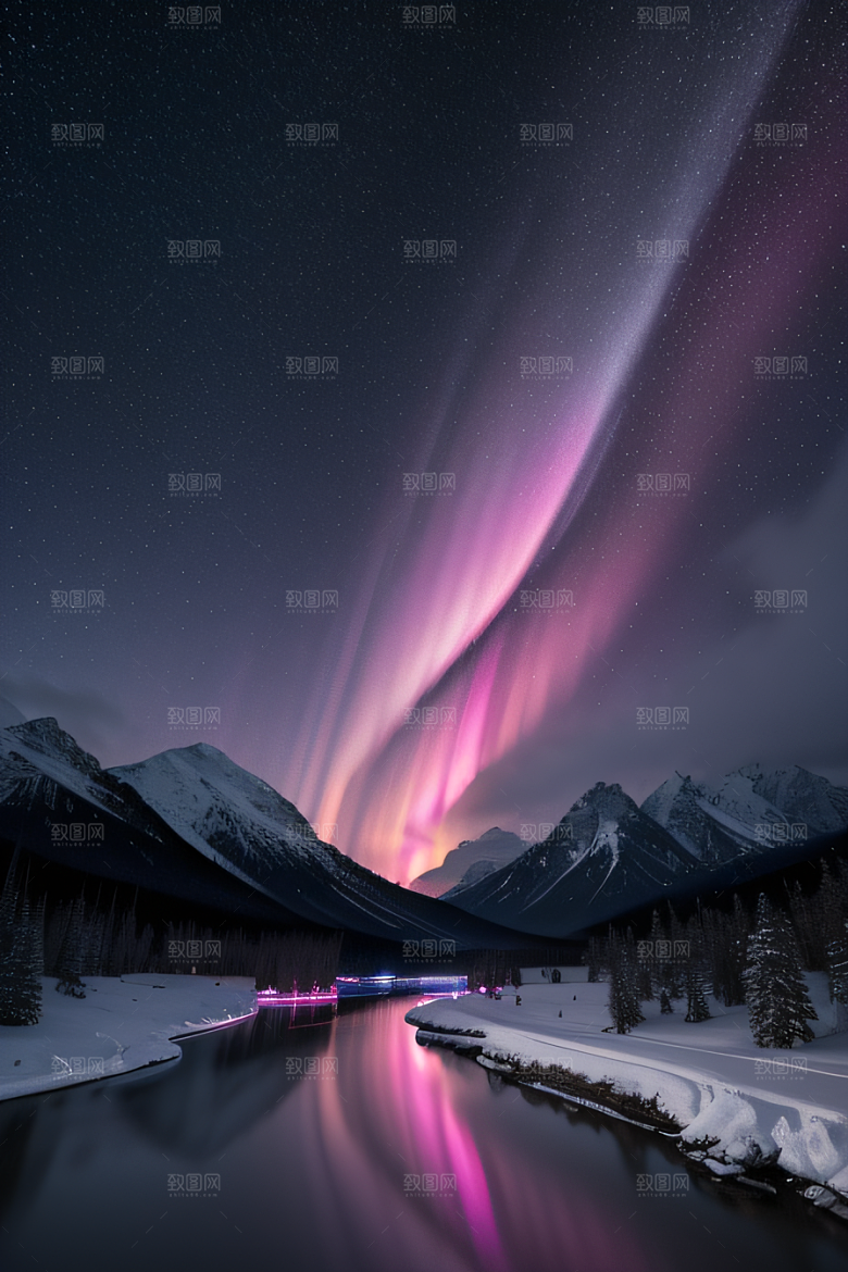 白雪飘扬中的奇幻极光