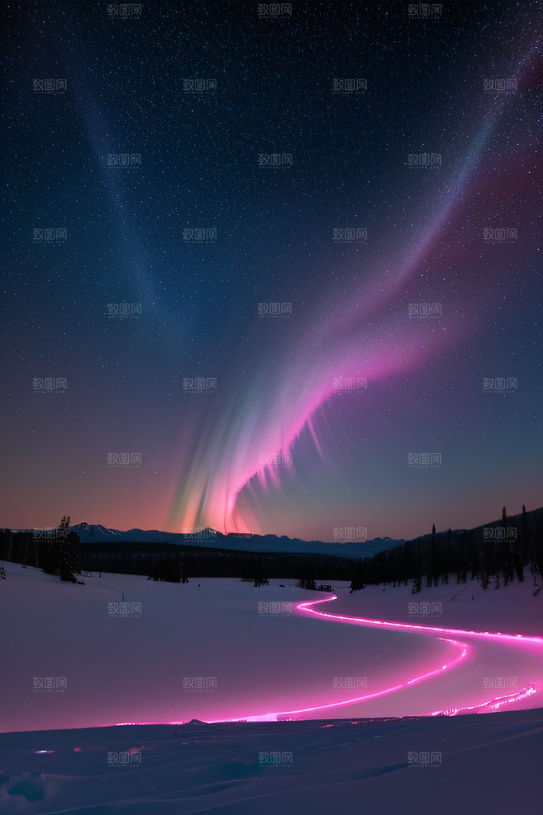 白雪飘扬中的奇幻极光