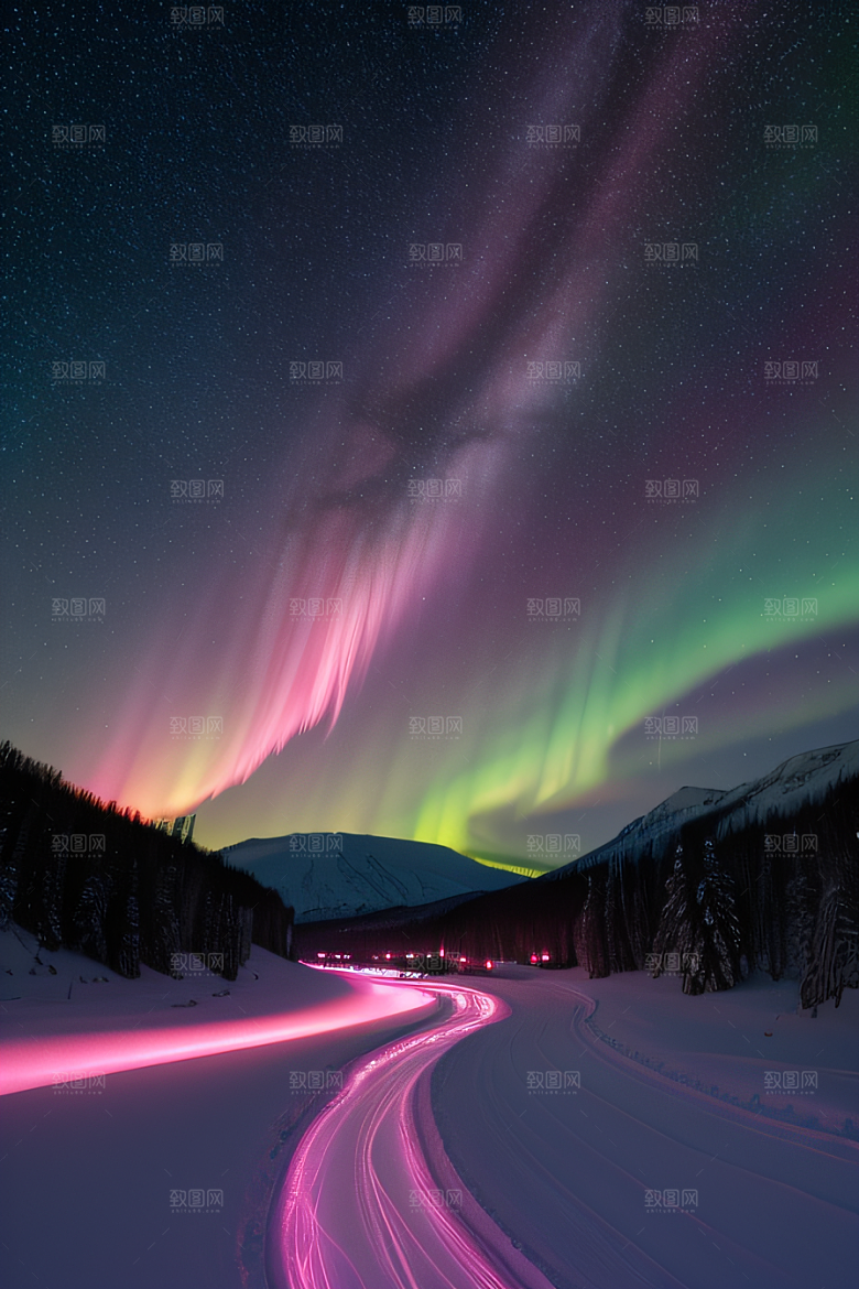 白雪飘扬中的奇幻极光