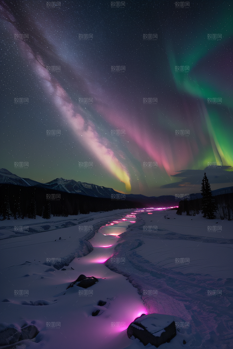 白雪飘扬中的奇幻极光