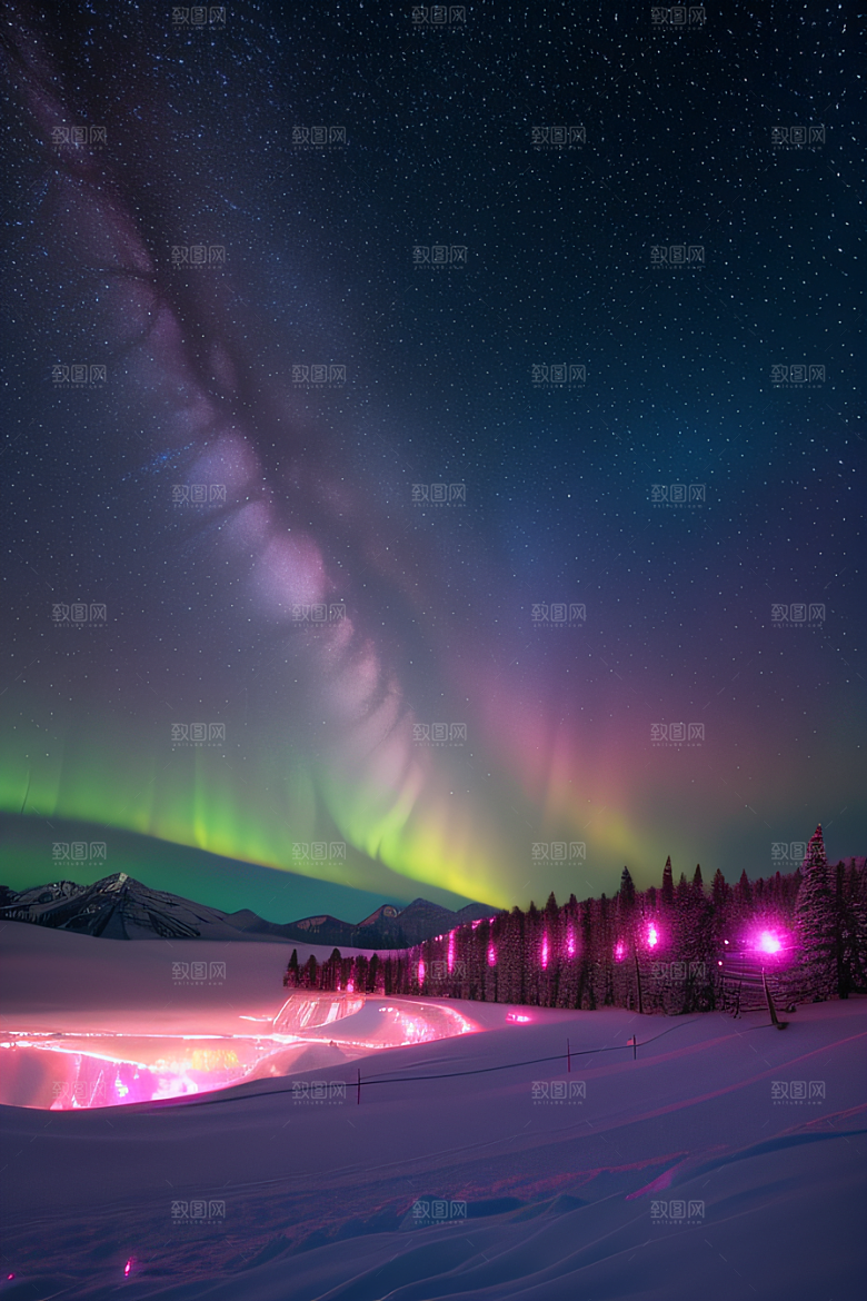 白雪飘扬中的奇幻极光