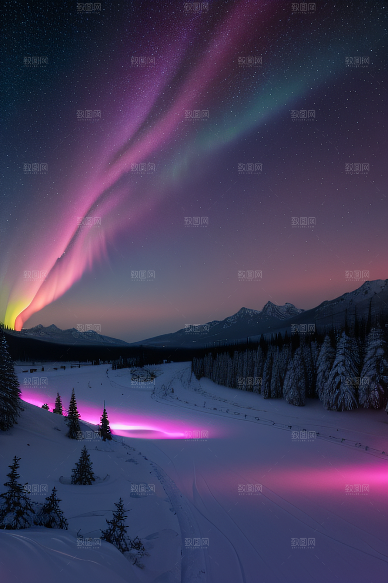 白雪飘扬中的奇幻极光