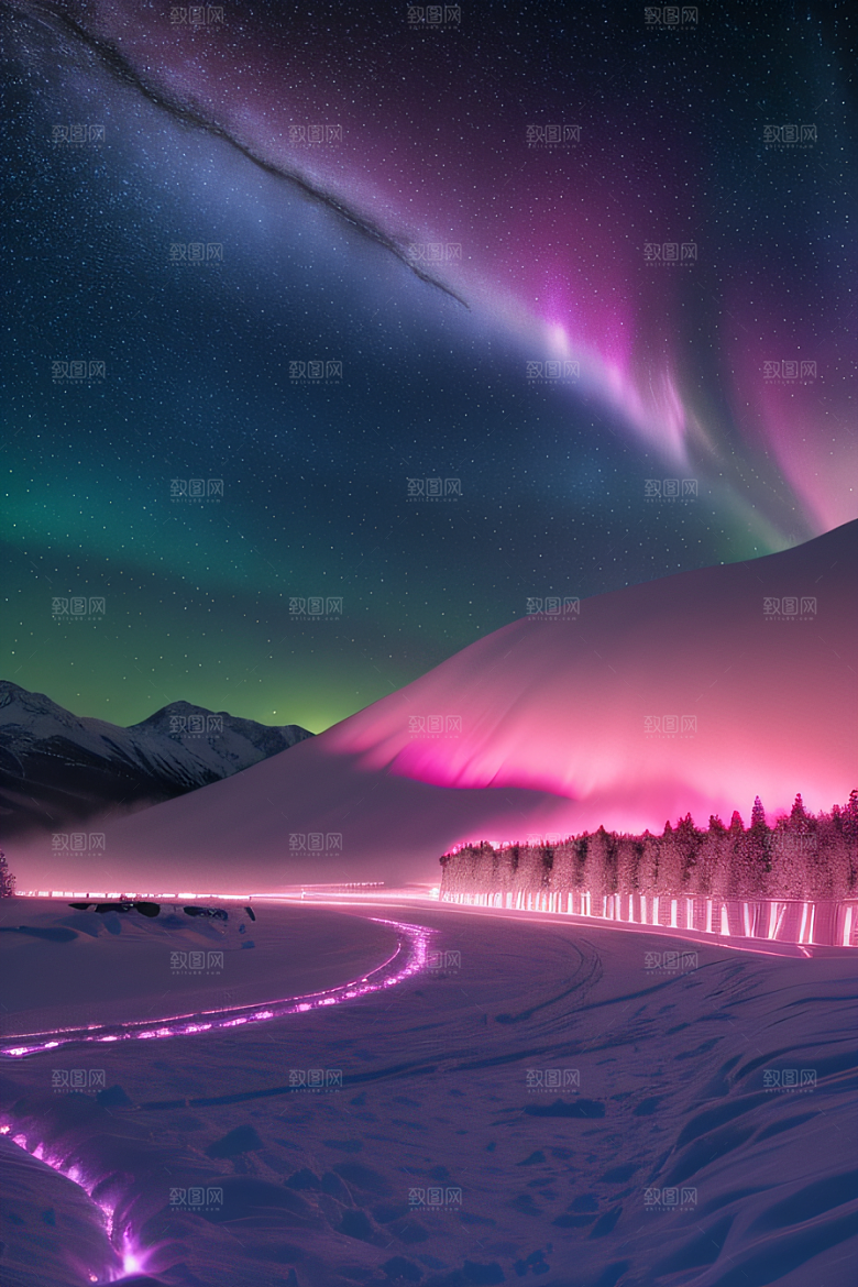 白雪飘扬中的奇幻极光