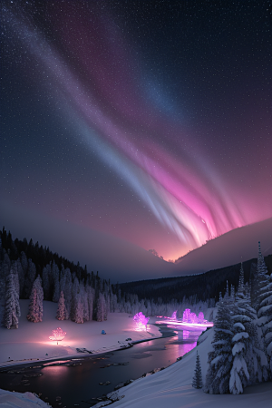 白雪中闪烁的彩色星星