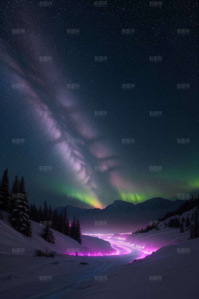 白雪中闪烁的彩色星星