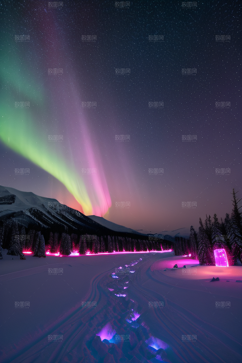 白雪中闪烁的彩色星星