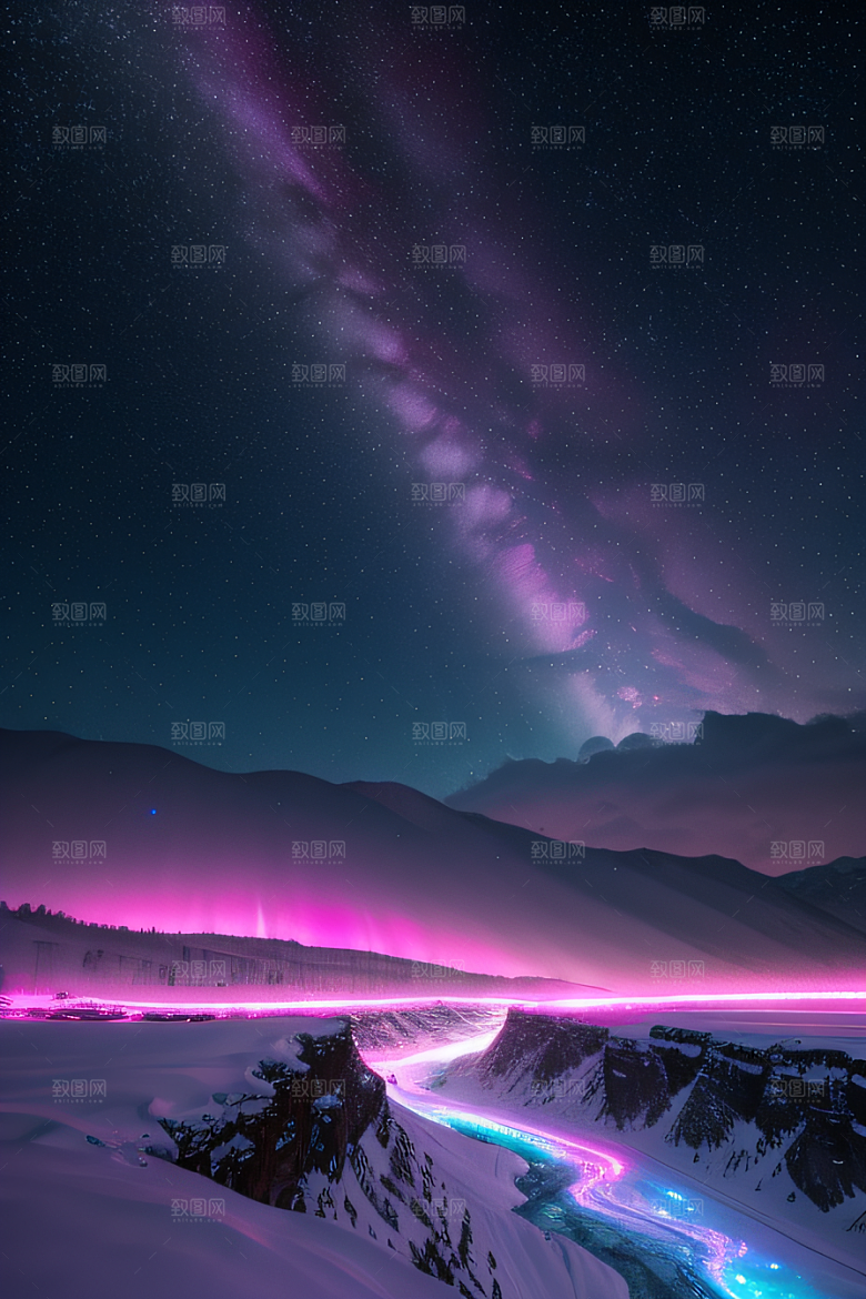 白雪中的粉色极光