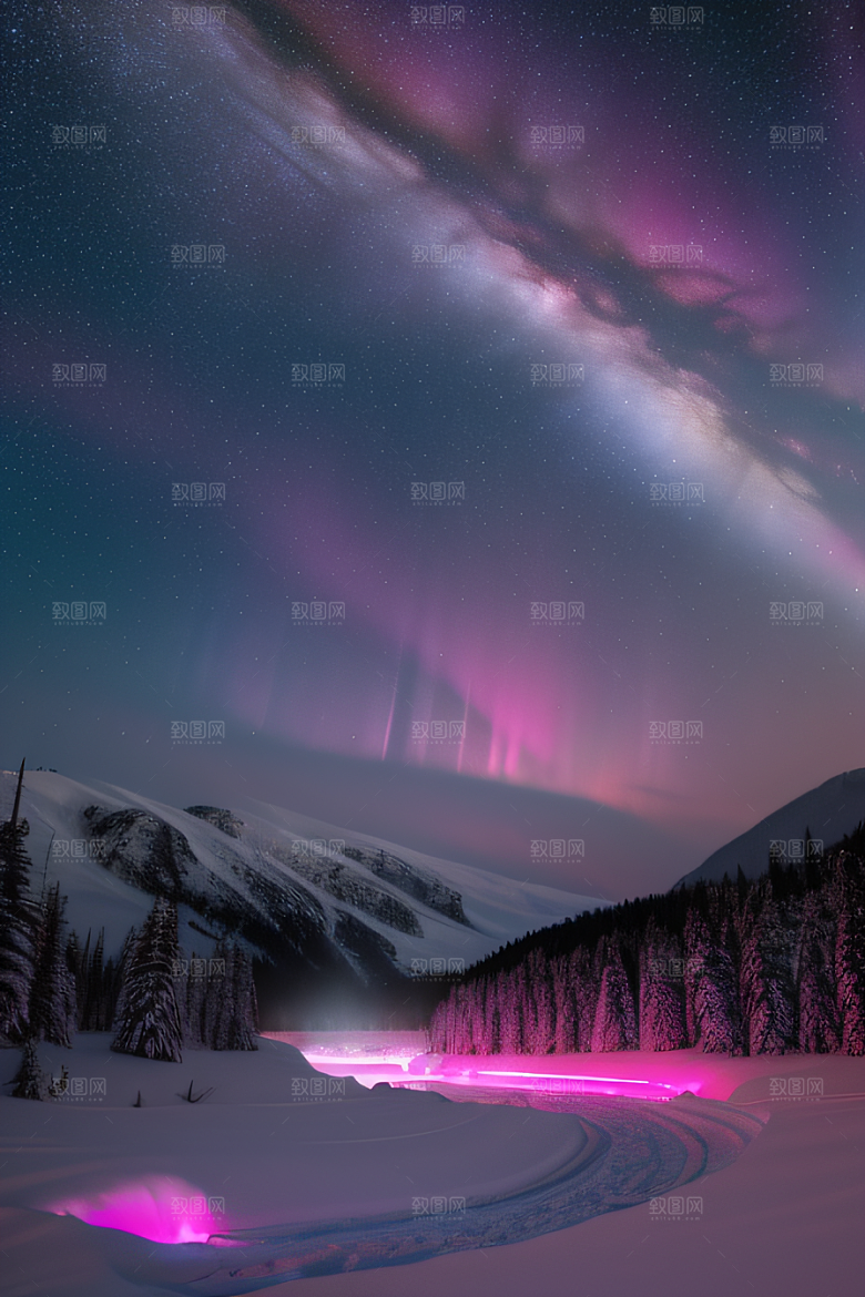 白雪中的粉色极光