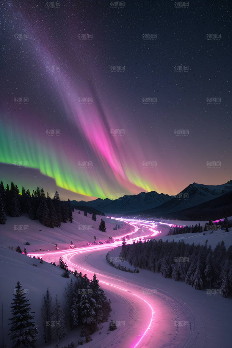 白雪中的粉色极光