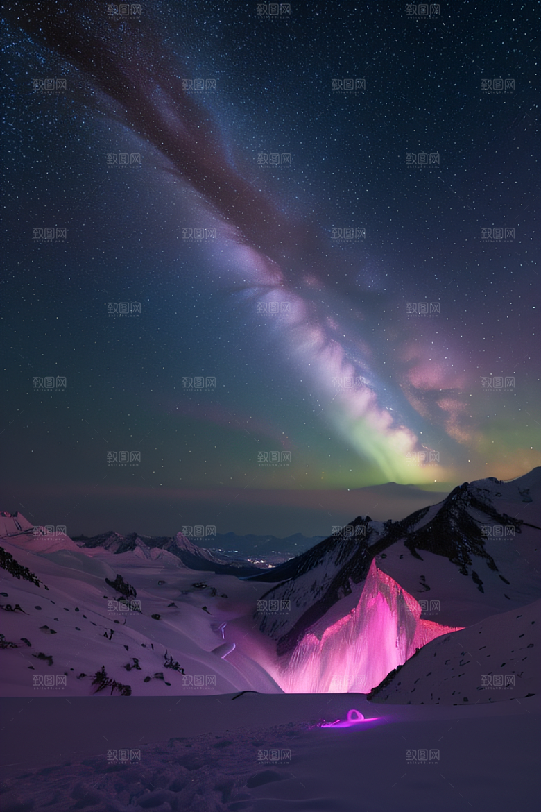 白雪中的粉色极光