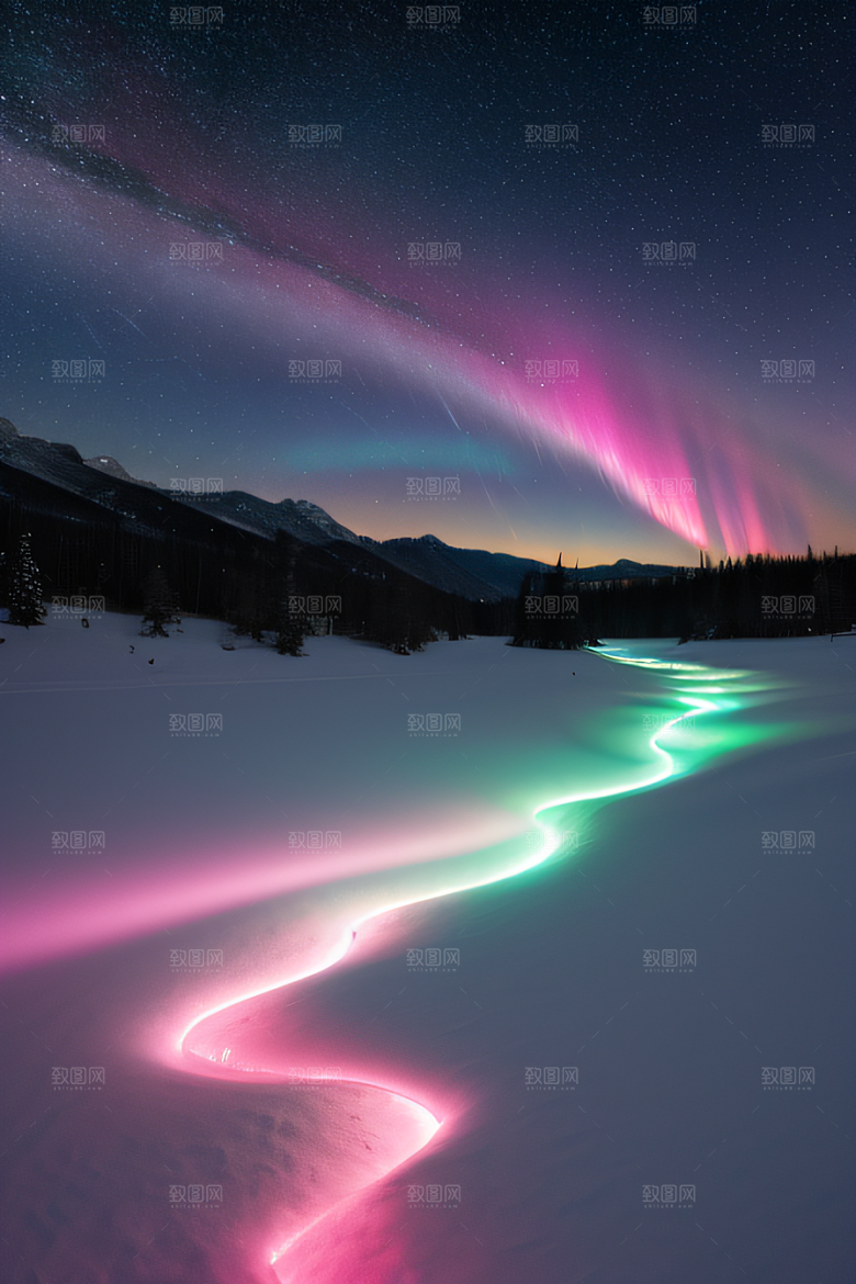 粉色极光点亮白雪世界