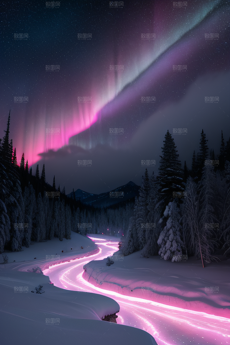 粉色极光点亮白雪世界