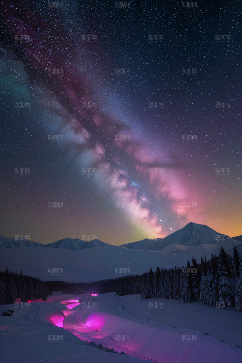 粉色极光点亮白雪世界