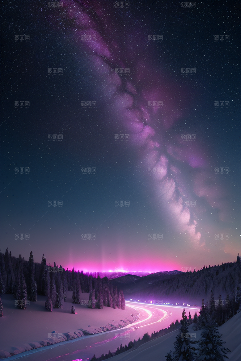 粉色极光点亮白雪世界