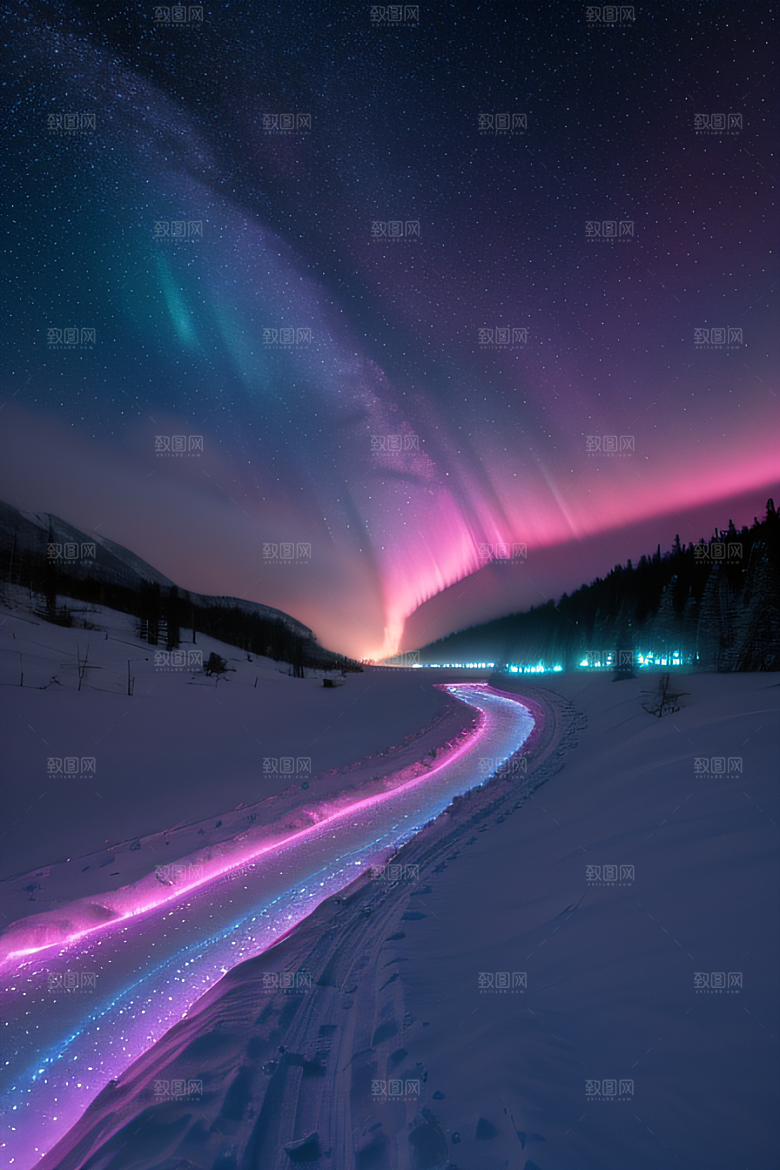 雪山与河水映衬的粉色极光