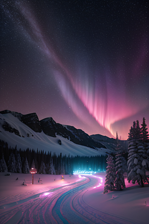 雪山与粉色极光的神奇交错