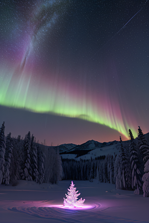 雪山与粉色极光的神奇交错