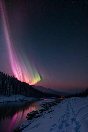 雪山与粉色极光的神奇交错