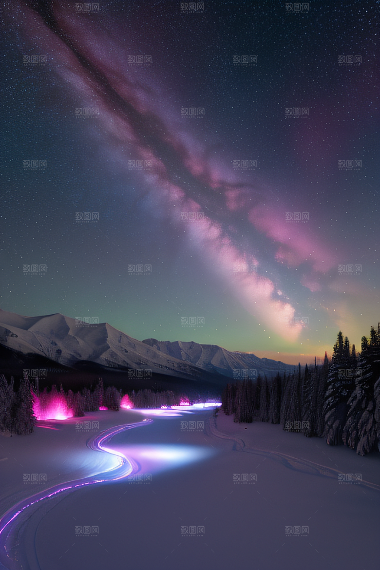 雪山与粉色极光的神奇交错