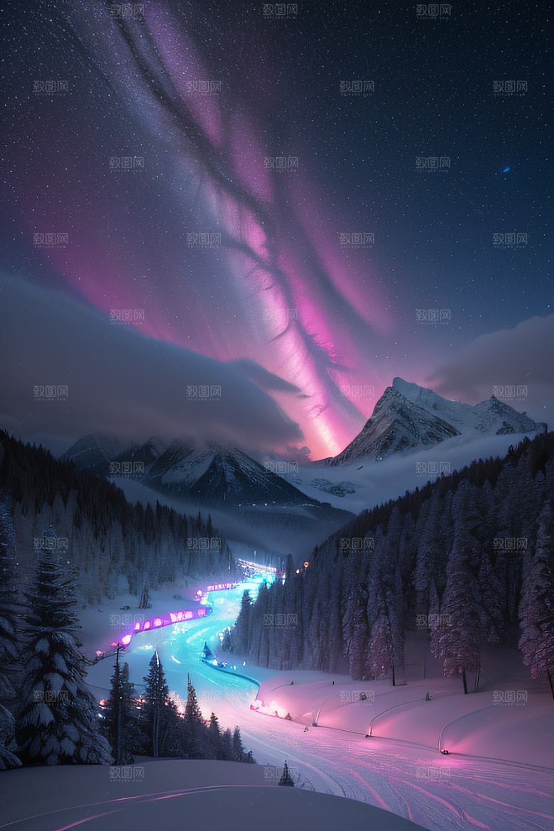 雪山与粉色极光的神奇交错