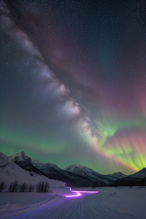 雪山与粉色极光的神奇交错