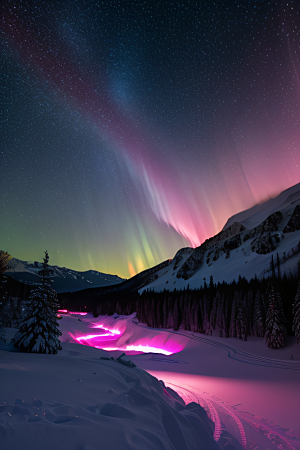 雪山与粉色极光的神奇交错