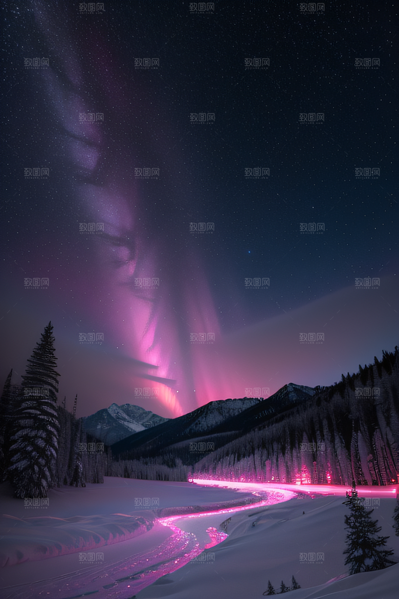 雪山与粉色极光的神奇交错
