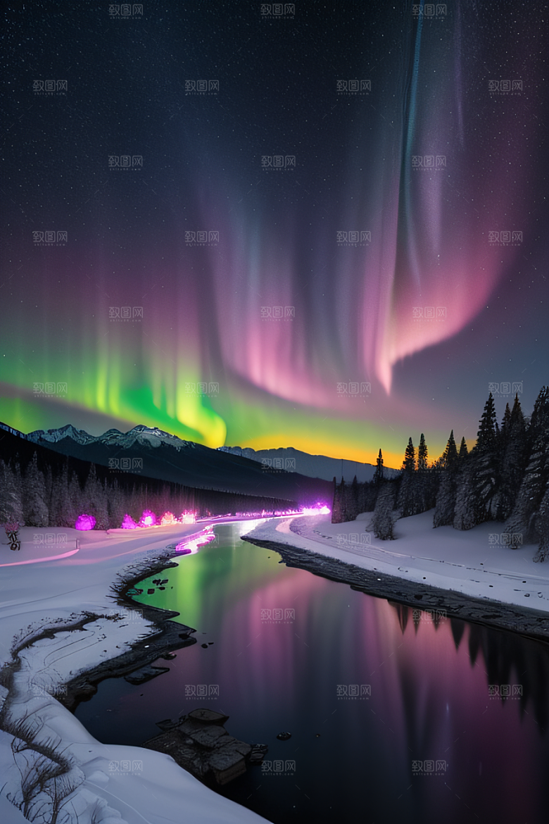 雪山下的粉色极光奇景