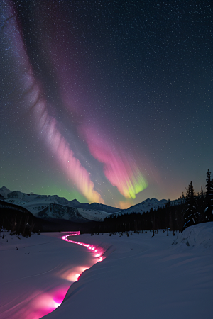 雪山下的粉色极光奇景