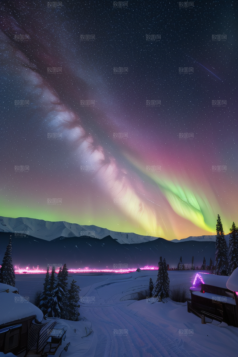 雪山下的粉色极光奇景
