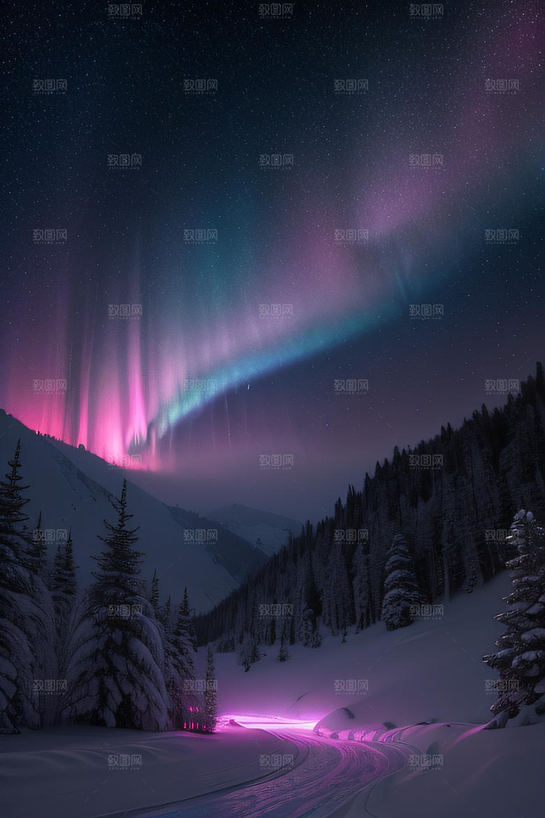 雪山下的粉色极光奇景